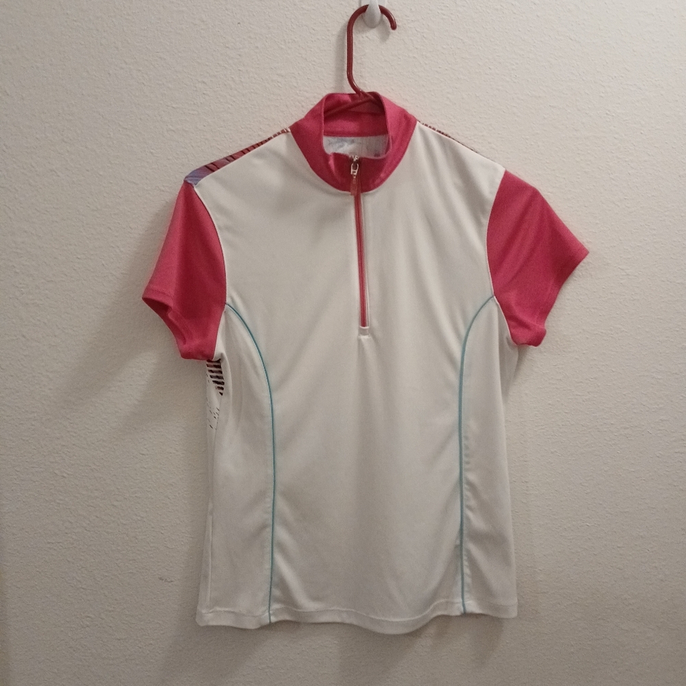 PGA Tour Golf Shirt T-Shirt Top Women's Size M White Hot Ponk Sleeves Abstractn
